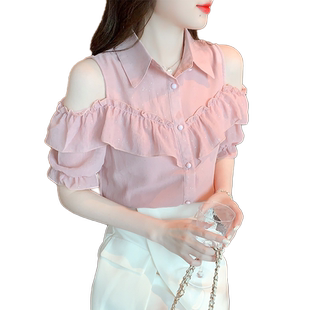 时尚气质露肩雪纺衫女夏装2022年新款木耳边短袖衬衫洋气上衣小衫