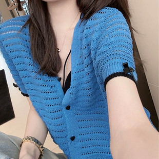 洋气镂空短袖 2024年夏季 透气舒适蓝色针织衫 薄款 新款 针织上衣女生