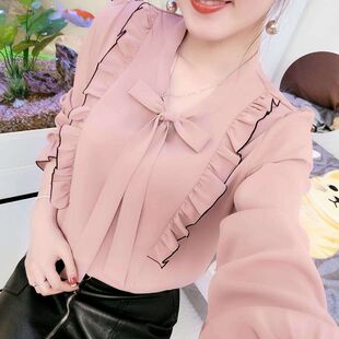 2023女春装新款韩版时尚蝴蝶结长袖女上衣修身显瘦衬衫百搭雪纺衫