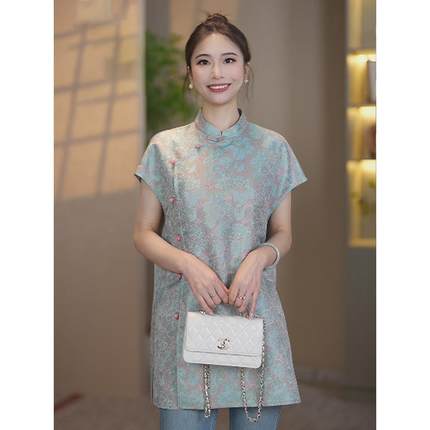 2025夏季新款时尚百搭新中式国风斜襟轻奢花萝短袖显瘦气质上衣女