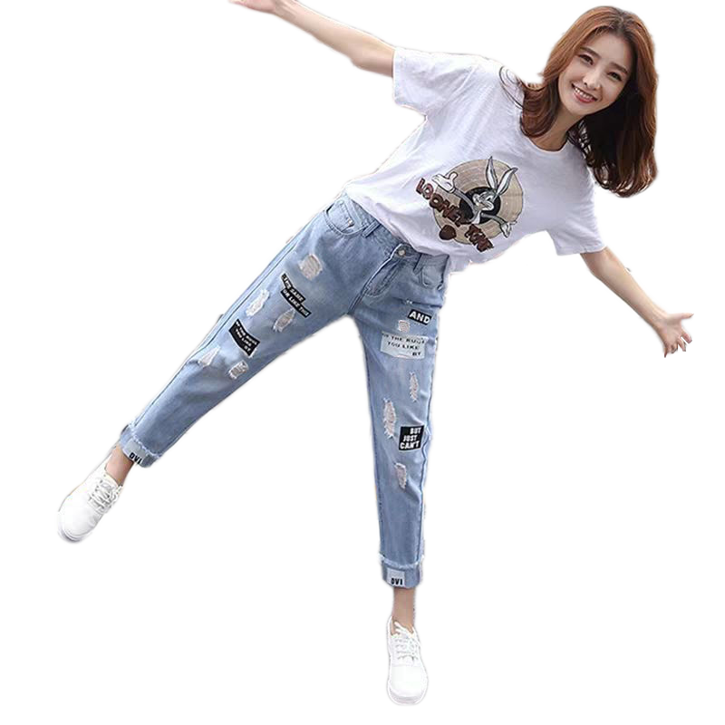 2023春夏新款时尚修身显瘦套装印花T恤+破洞牛仔裤九分裤两件套女