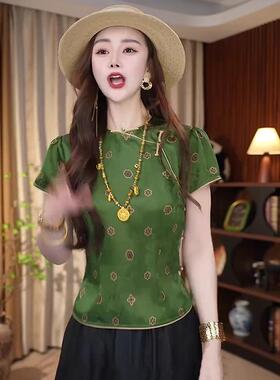 国风2025上衣女绿色斜襟印花众中式短袖盘扣T恤洋气新圆领夏季小