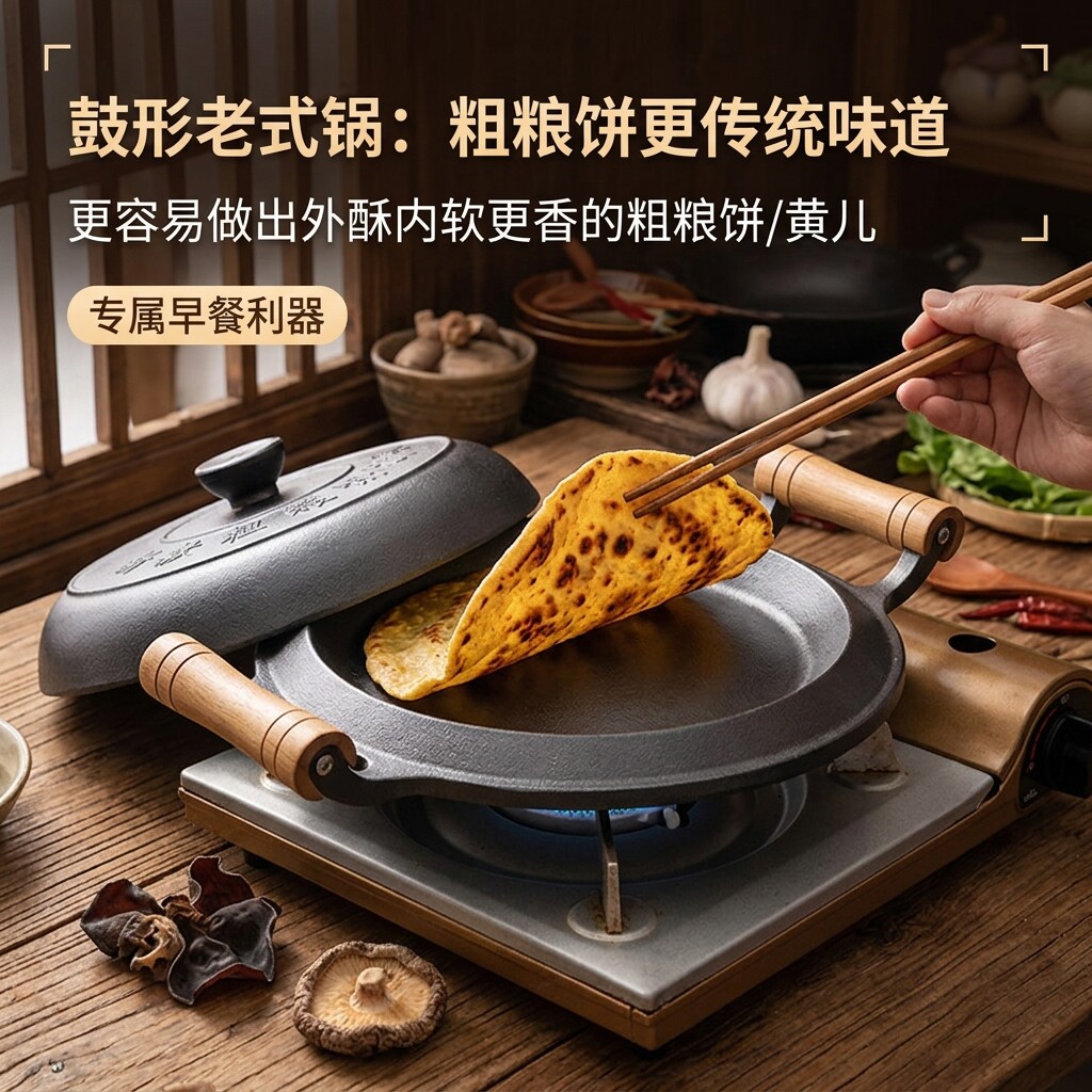 铸铁老式煎饼锅木柄杂粮饼折锅耨耨烙糕烙饼锅无涂层不粘摊黄子锅