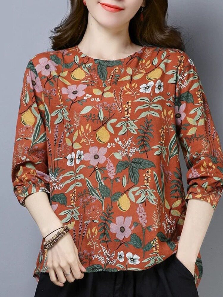 여성용 꽃무늬 긴팔 티셔츠 봄 가을 큰 사이즈 중년 엄마 복장 패셔너블한 하의 셔츠 문예 스타일 상의 트렌디한 신스타일