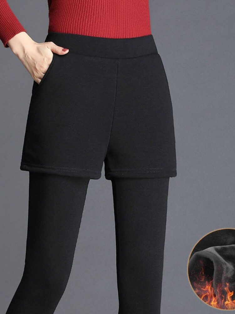 벨벳과 도톰한 여성용 페이크 투피스 레깅스 아우터용 큐로트 슬림핏 레깅스 하이웨이스트 웜팬츠 엄마의 패션센스