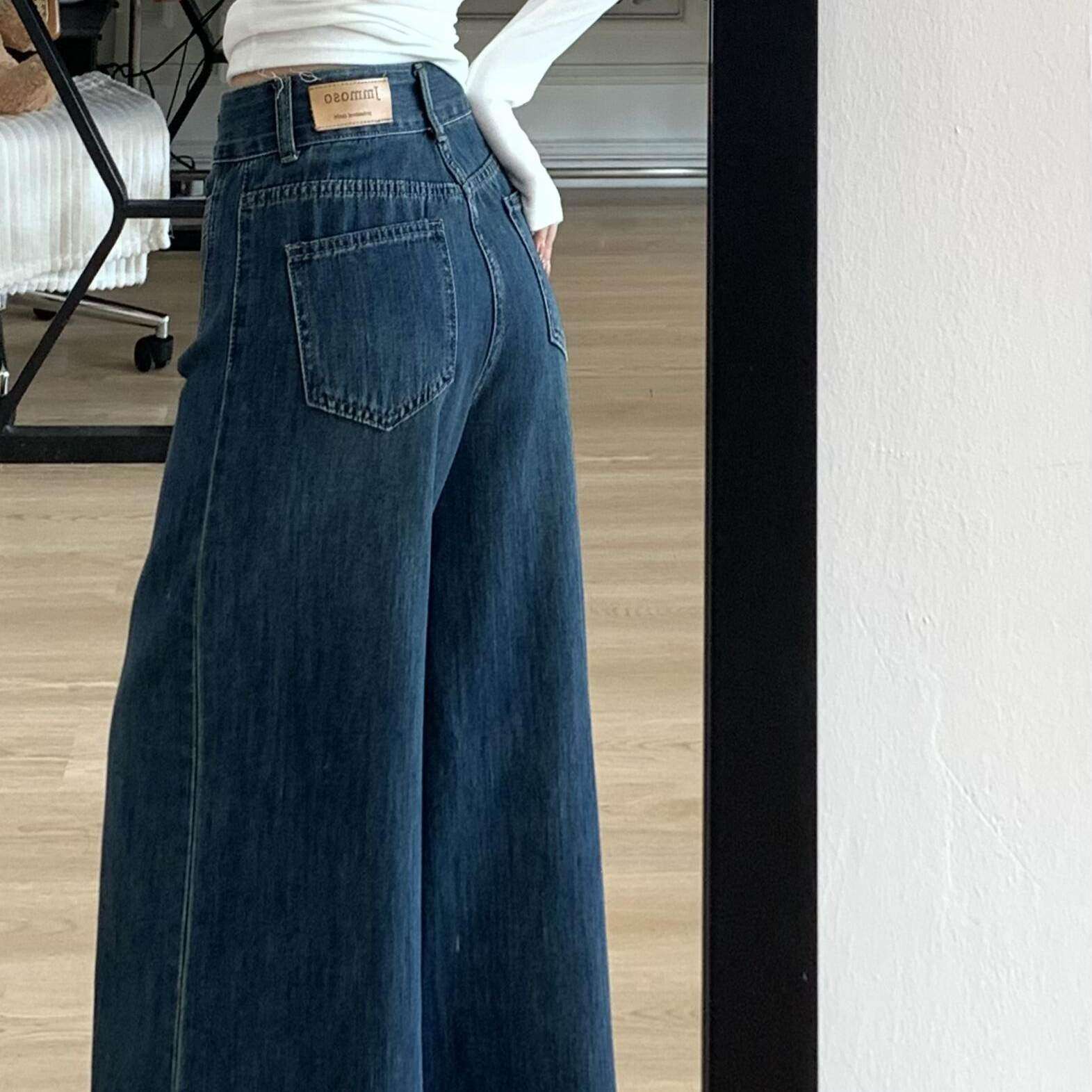 深蓝色阔腿牛仔裤女款爆款2025新款秋季双扣设计感宽松直筒拖地裤