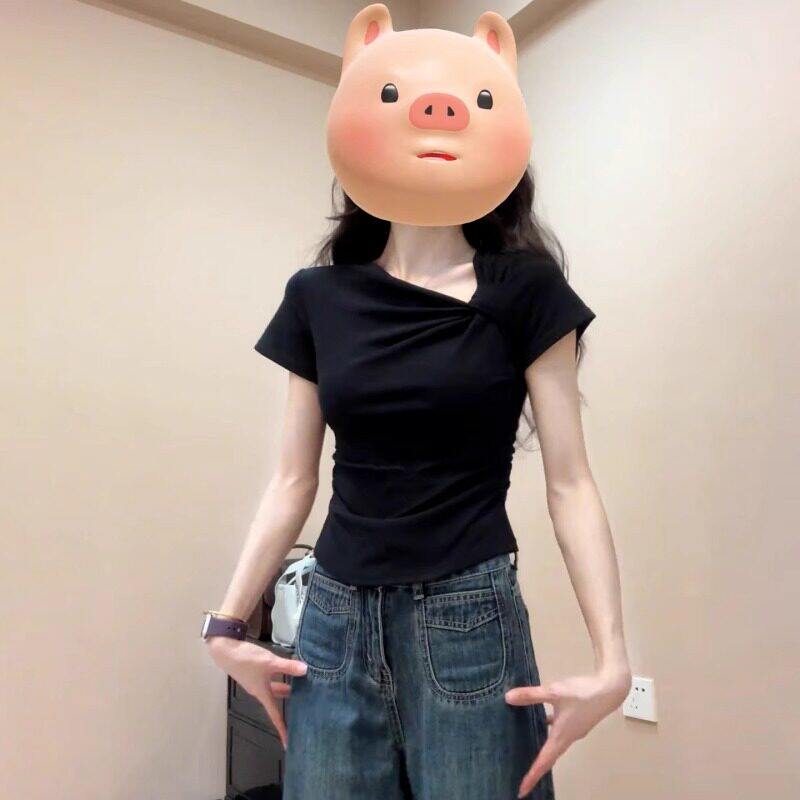 大码胖MM设计感扭结正肩短袖T恤女夏季新款韩版修身显瘦黑色上衣