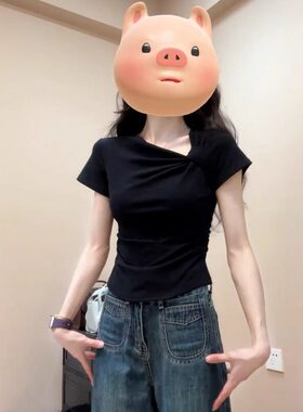 大码胖MM设计感扭结正肩短袖T恤女夏季新款韩版修身显瘦黑色上衣