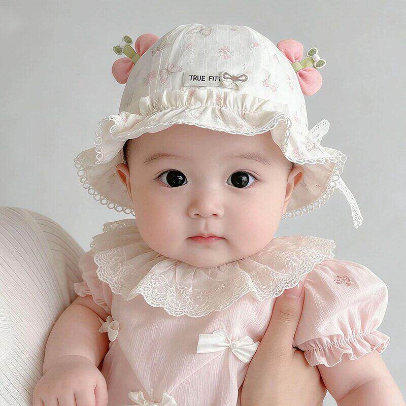 婴儿帽子春季薄款女宝可调节蕾丝花边渔夫帽新生防晒遮阳帽小月龄