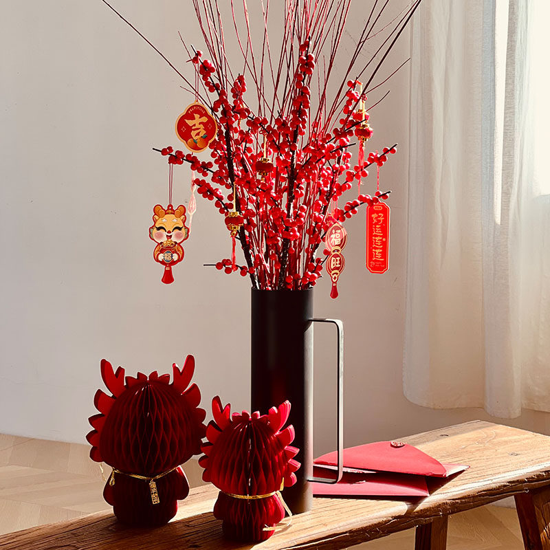 春节新年主题年宵花福铁艺红豆花艺摆件仿真假花束喜庆花瓶插花