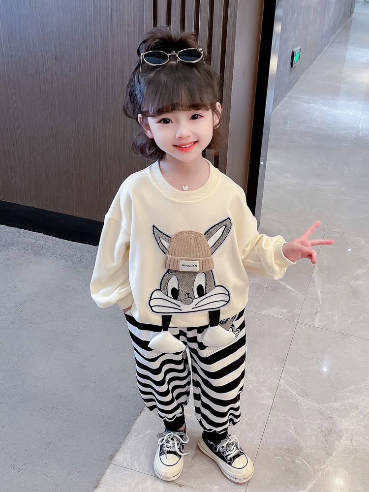 女童春款套装2024新款洋气春装卫衣女宝宝儿童条纹休闲裤两件套潮