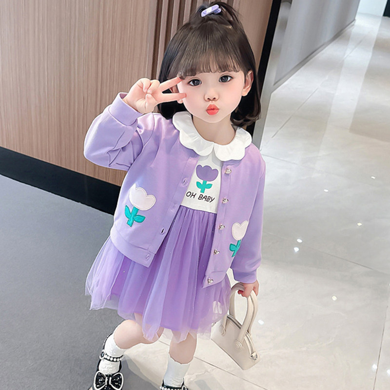 儿童新款2023春秋季时髦女童公主长袖外套连衣裙套装女宝宝春装潮