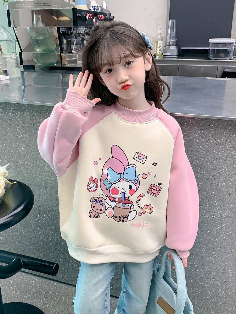 女童加绒卫衣冬装2024新款女孩冬季一体绒衣服儿童秋冬款加厚上衣