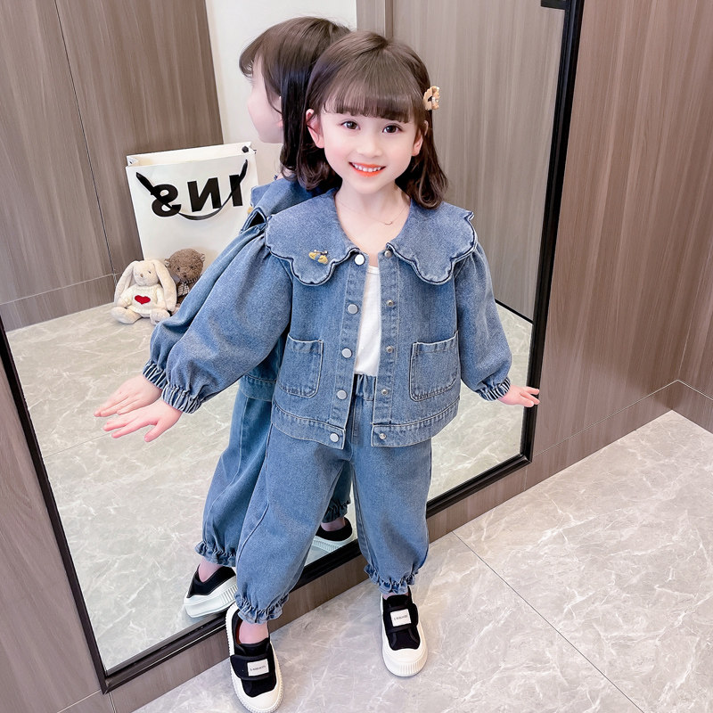 女童网红洋气春秋季牛仔套装2023新款女宝宝时髦春装休闲两件套潮