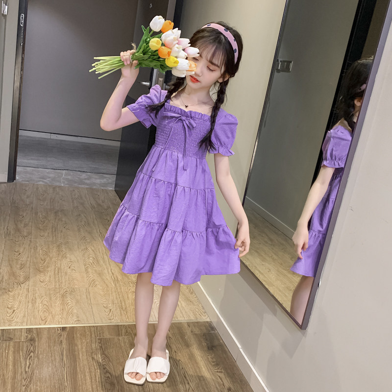 女童夏装连衣裙2023新款大童小女孩紫色裙子夏季泡泡袖洋气公主裙