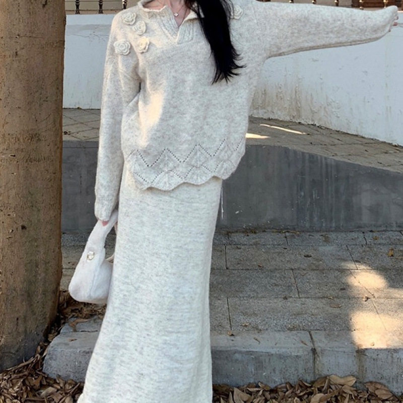 仙女立体花朵衬衫领宽松针织毛衣两件套穿搭鱼尾半身裙套装秋