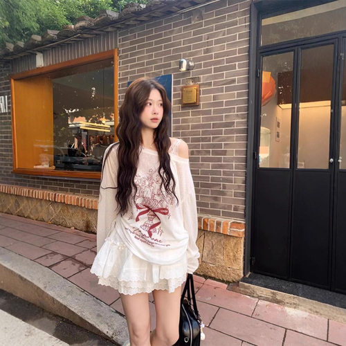 慵懒风宽松印花长袖罩衫T