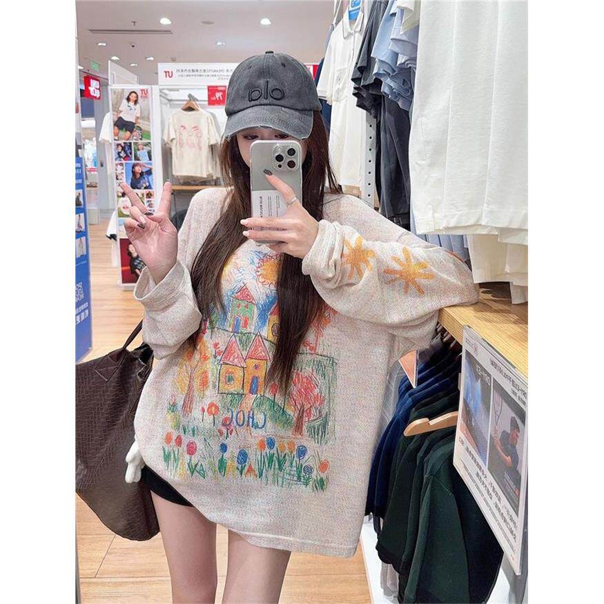 原版面料彩色涂鸦印花圆领长袖T恤女夏季慵懒宽松设计感防晒上衣