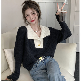 感宽松上衣翻领撞色慵懒风百搭毛衣女装 新款 小众法式 针织衫 秋冬季