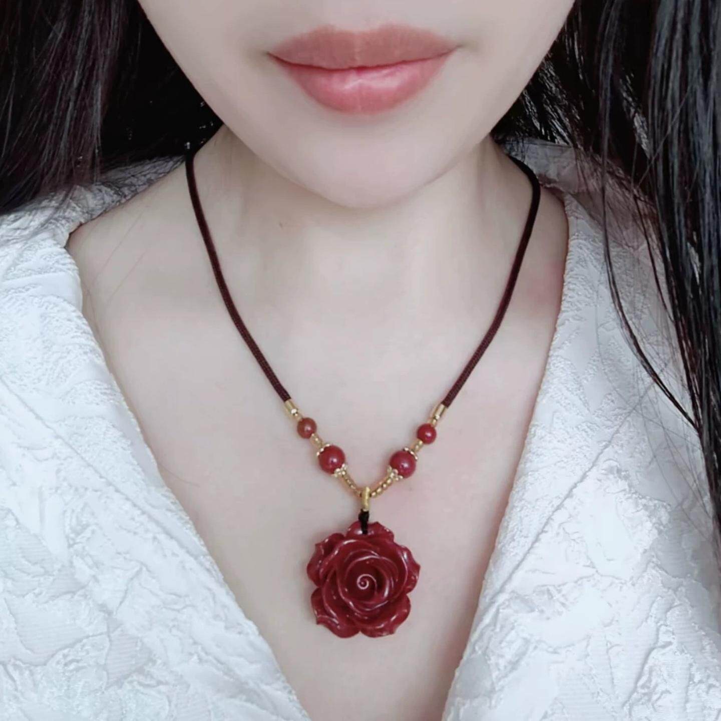 紫金砂玫瑰花五福珠款吊坠男女款本命年朱砂花朵吊坠项链