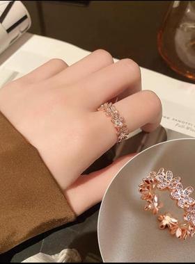 简约冷淡风微镶锆石戒指女树叶