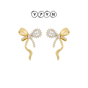 一撇一捺YPYN蝴蝶结飘带耳钉金色人造水晶耳环复古 618新品
