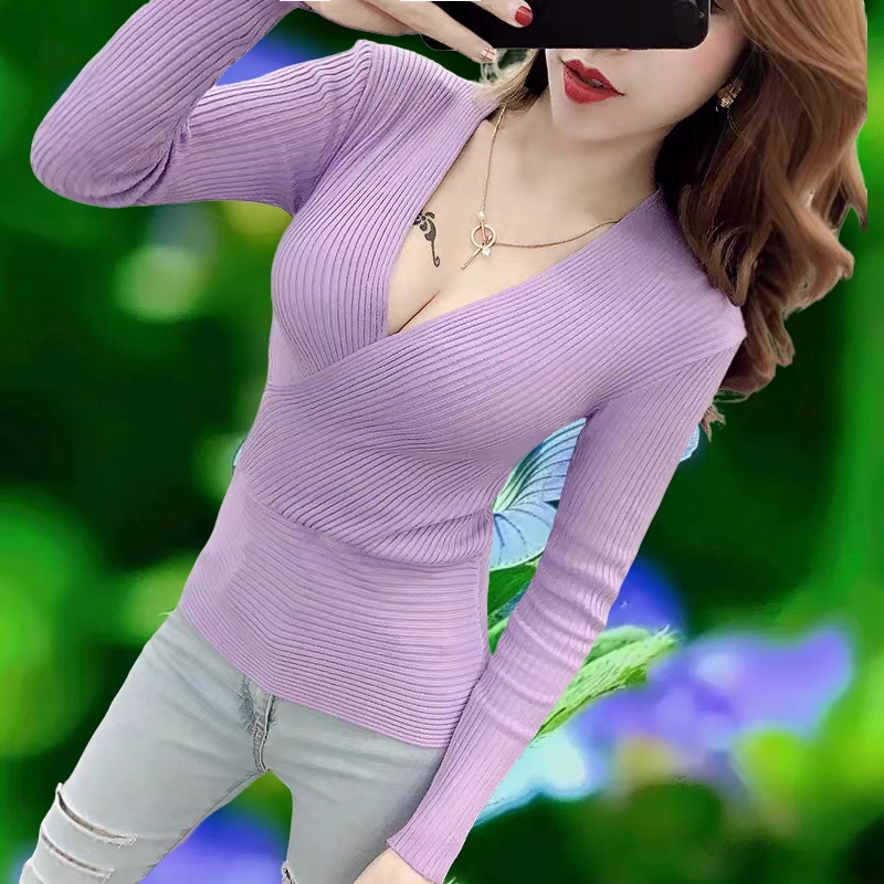 秋冬低胸交叉深V针织衫 女紧身收腰显瘦性感内搭打底上衣