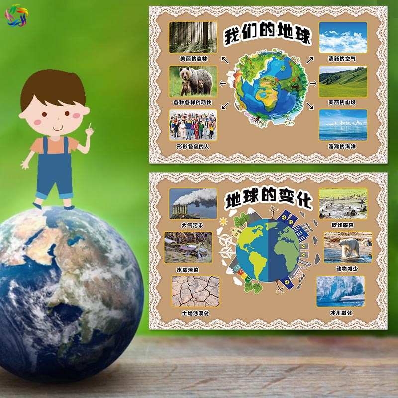 世界地球日绿色环保温室效应能源幼儿园科学区角环创主题海报墙贴