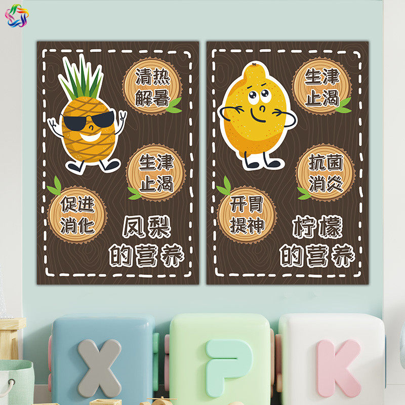 幼儿园自然植物角种植区环创水培土培苹果香蕉水果的营养价值贴画