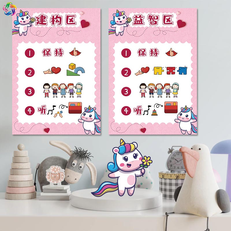 幼儿园小班建构美工区角环创进区标识区域规则粉色独角兽卡通贴画