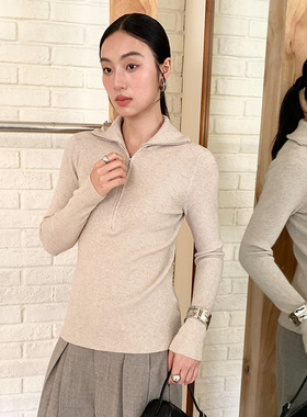 FONE简禾半开拉链针织衫女2025秋冬极简风通勤翻领套头毛衣