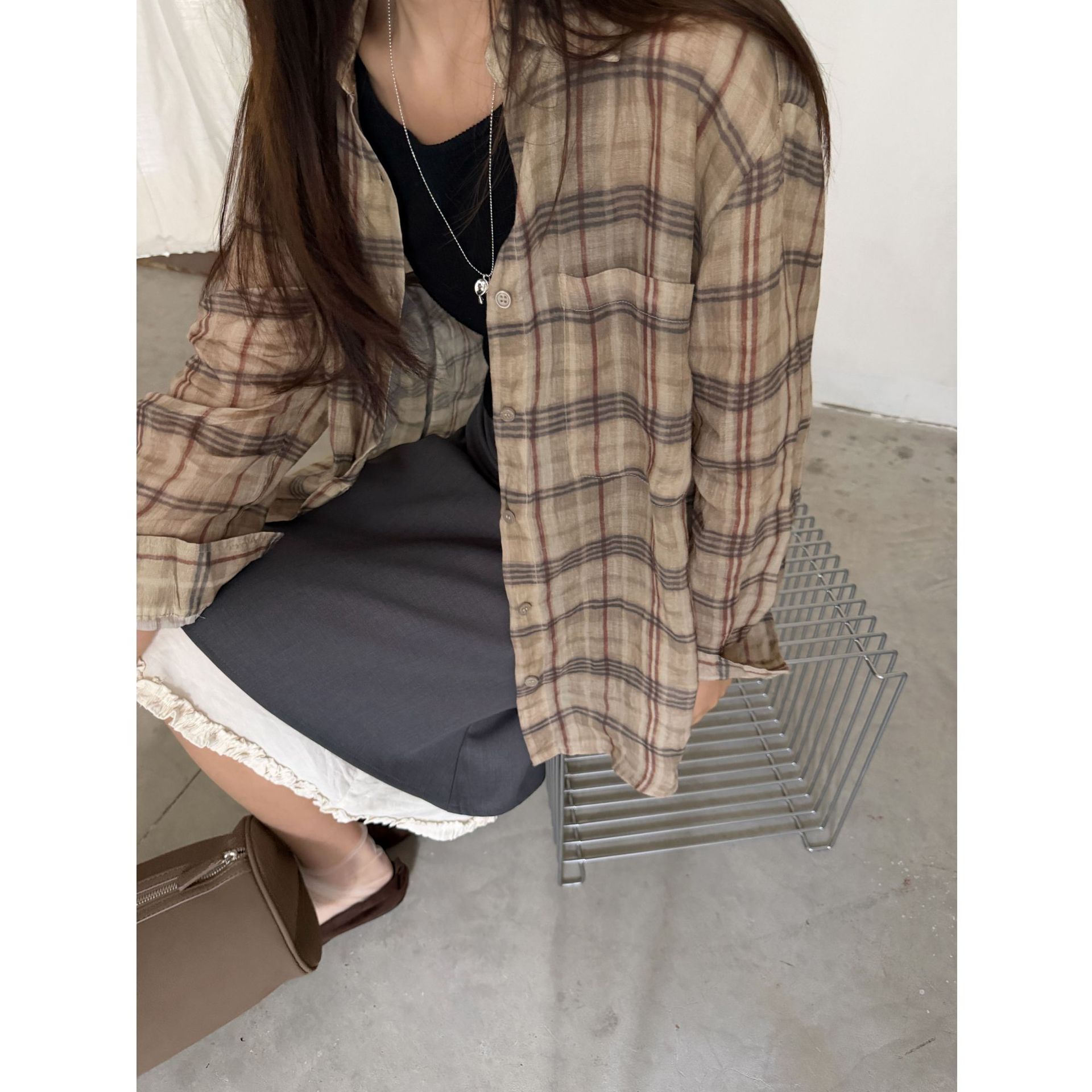 【博主风】苎麻复古格子长袖衬衫女秋款宽松百搭防晒衬衣