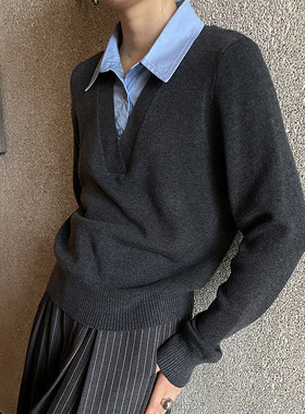 FONE简禾高智感POLO领针织衫女2025秋季新款假两件灰色毛衣