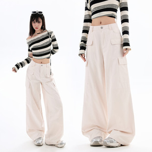 秋冬女款高腰宽松直筒阔腿工装裤 休闲运动长裤