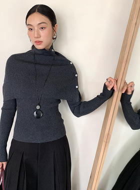 FONE简禾2025冬季极简风修身长袖针织衫配高领斗篷两件套女