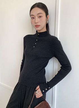 FONE简禾气质纽扣半高领针织衫女秋冬纹理修身保暖打底上衣
