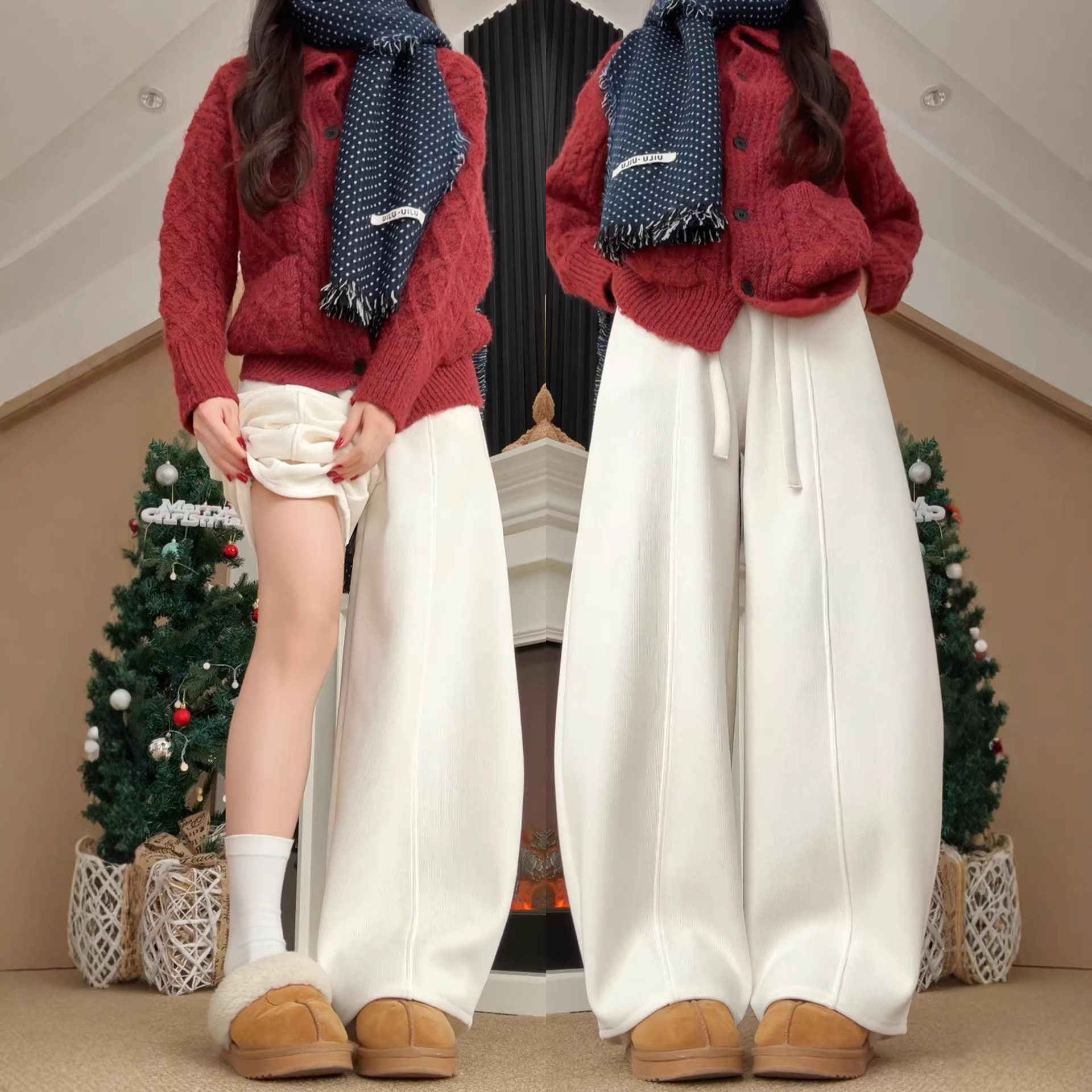 白色弯刀裤女冬季加绒加厚高腰宽松休闲慵懒小个子灯芯绒阔腿裤子,女装/女士精品,休闲裤,淘宝优惠券,粉丝福利购,淘宝优惠卷