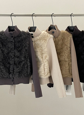 FONE简禾2025冬季新款设计感高领环保皮草拼接针织短外套女58687