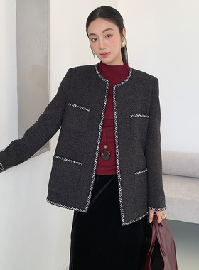 fone简禾小香风加厚呢子外套女冬季感夹棉圆领开衫上衣