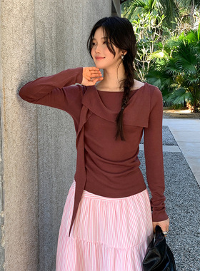 FONE简禾2025春季新款法式气质不规则荷叶领天丝长袖针织衫女