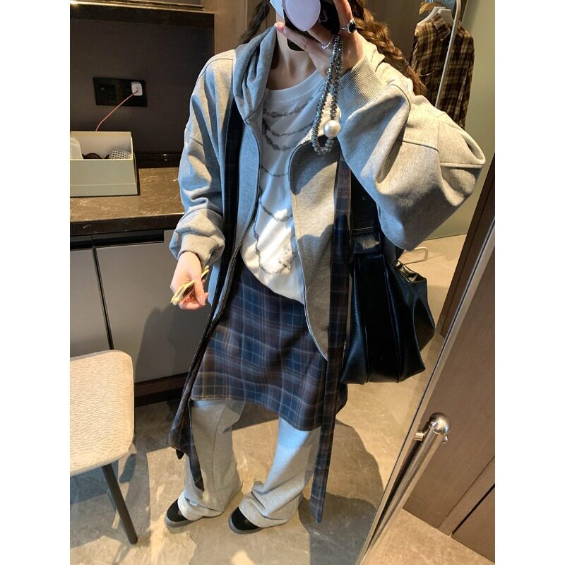【博主风】撞色格纹飘带卫衣配屁帘裙裤两件套