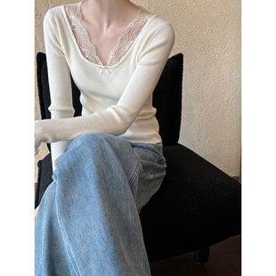 显瘦打底衫 鹿西温柔风蕾丝花边拼接假两件V领针织女秋冬修身