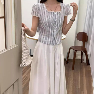 精致小衫 2024韩系新款 百搭休闲短款 方领条纹衬衫 上衣 女薇颂夏季