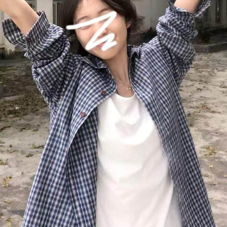 日系复古蓝色格子衬衫