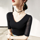 女薄款 西装 中袖 V领网纱打底衫 2025新款 夏季 内搭t恤纱衣五分袖 上衣