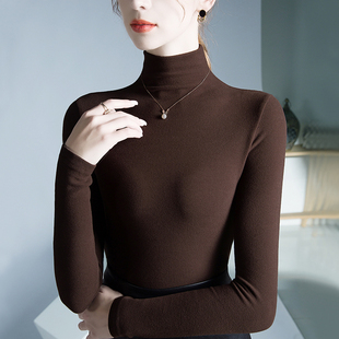 德绒高领打底衫女内搭长袖打底双面磨毛保暖咖色上衣秋冬2023新款
