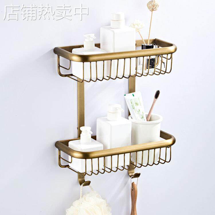 长方形欧式卫生间壁挂式30厘米双层勾置物架黄铜仿古色古铜卫浴