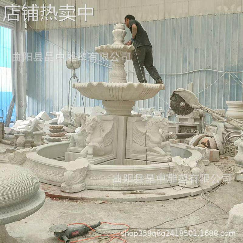 石雕喷泉黄锈石汉白玉鱼池水钵动物流水摆件风水球公园庭院水景
