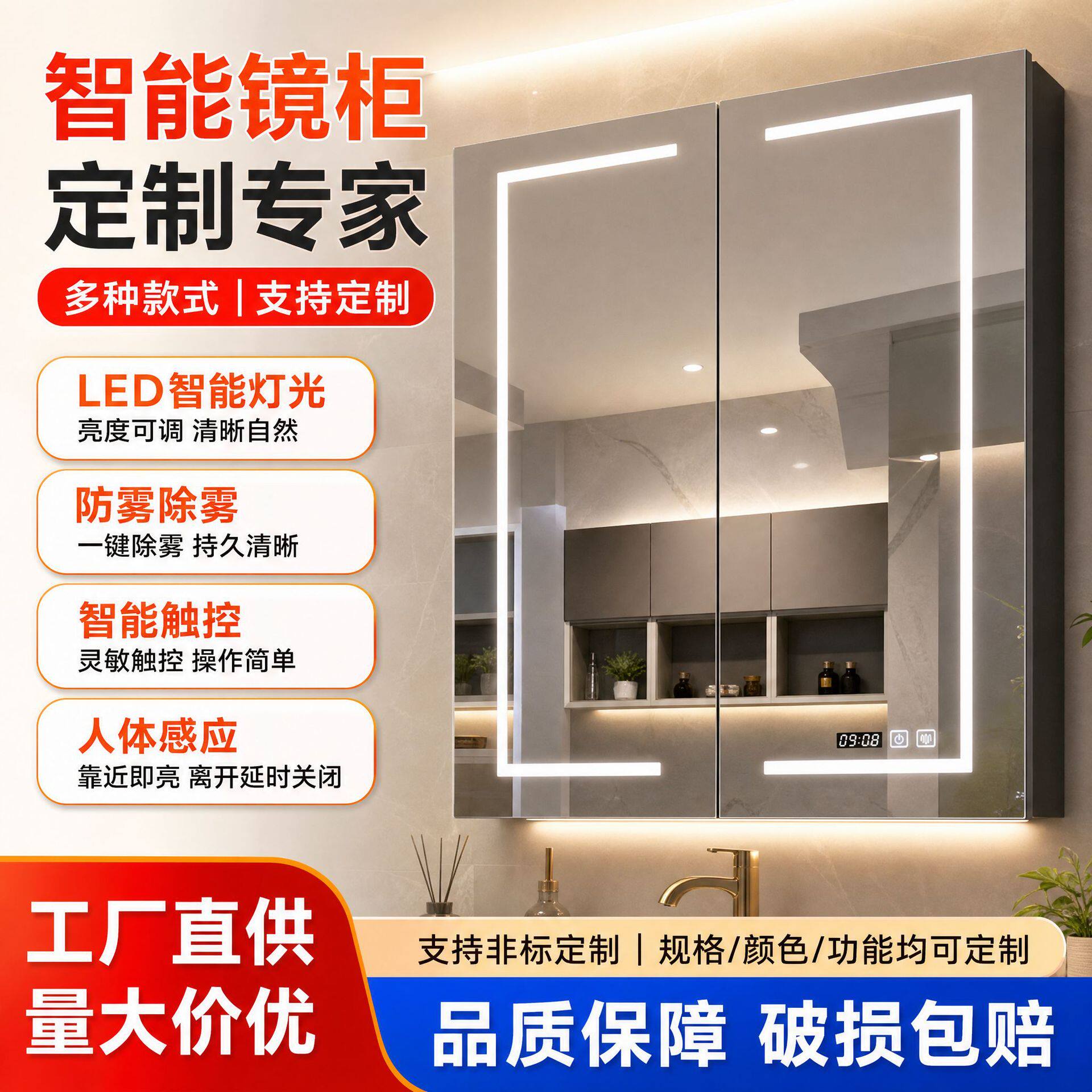 跨境家用浴室镜酒店洗漱台浴室柜卫生间铝合金一体收纳镜柜订置