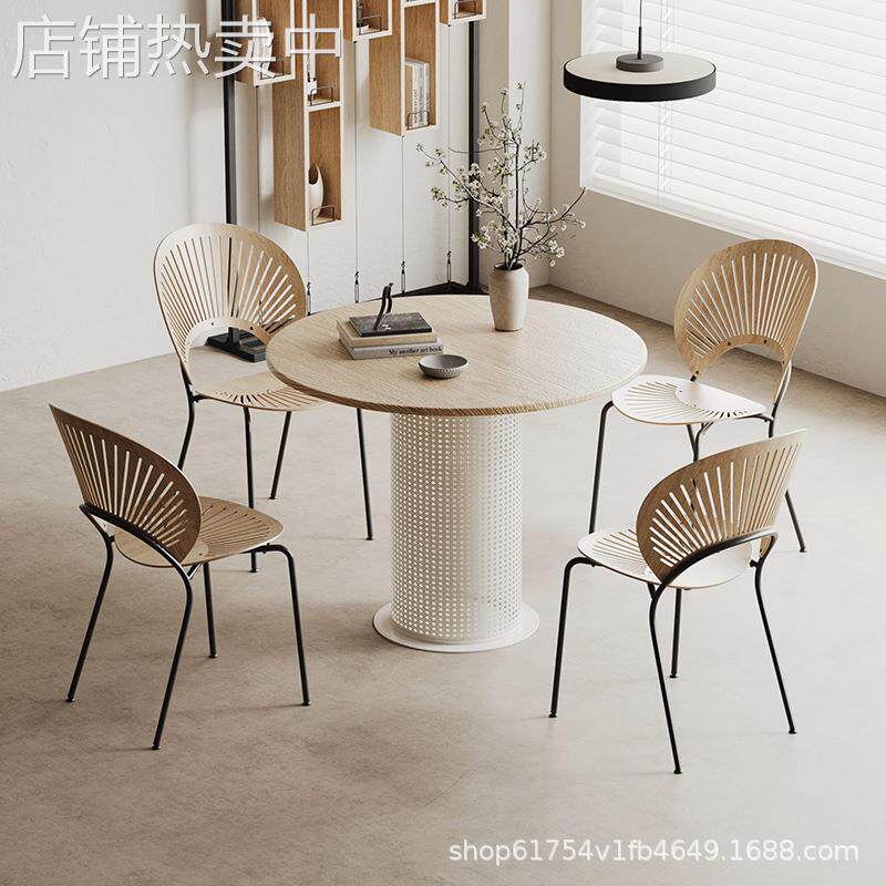 白蜡木罗马柱圆桌网红奶油风实木餐桌家用阳台休闲洽谈桌椅组合